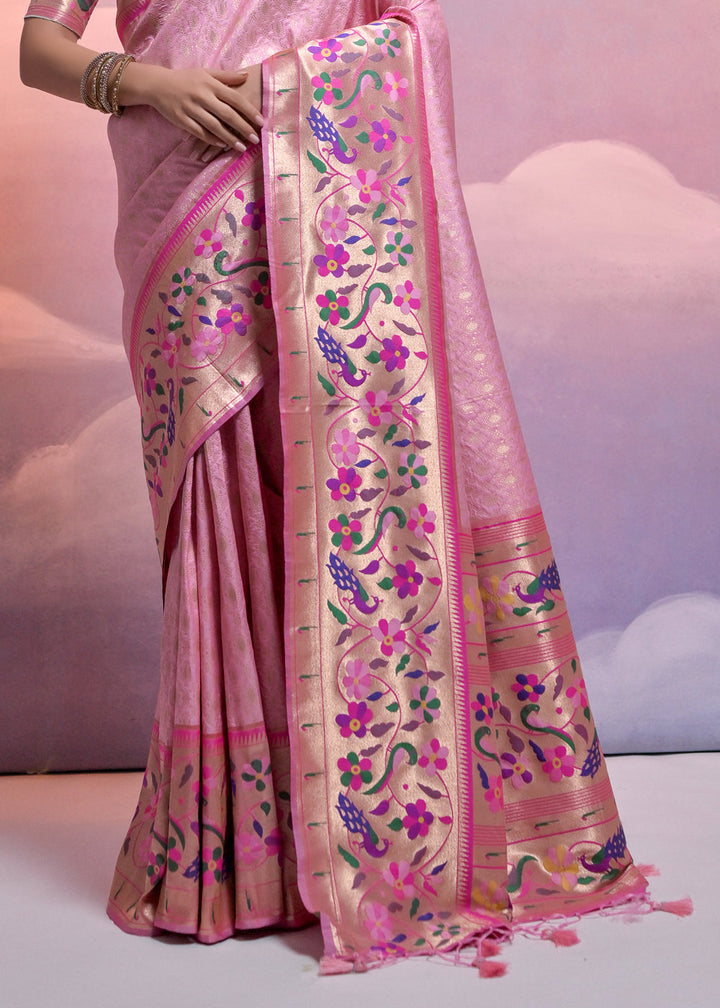 Taffy Pink Woven Paithani Silk Saree with Meenakari Zari Woven Border : Top Pick