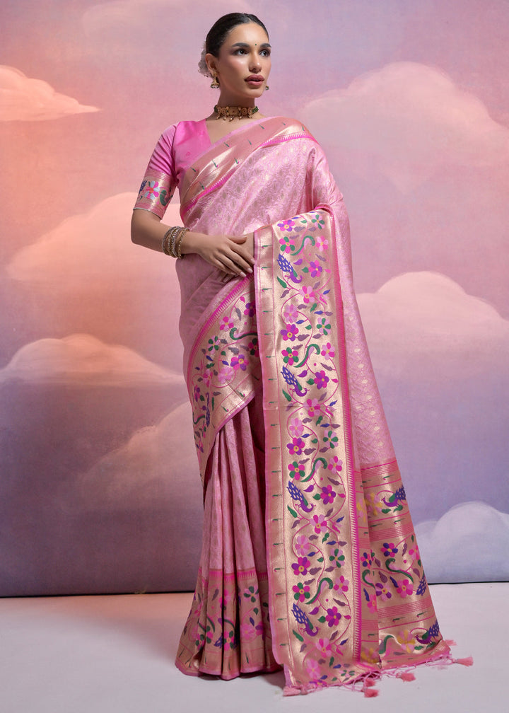 Taffy Pink Woven Paithani Silk Saree with Meenakari Zari Woven Border : Top Pick