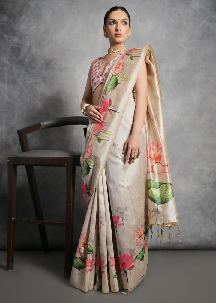 Cream White Floral Printed Soft Tussar Silk Saree : Top Pick