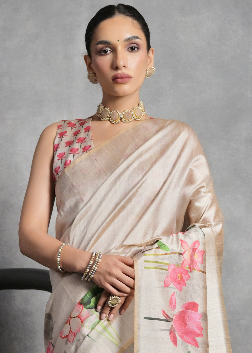 Cream White Floral Printed Soft Tussar Silk Saree : Top Pick