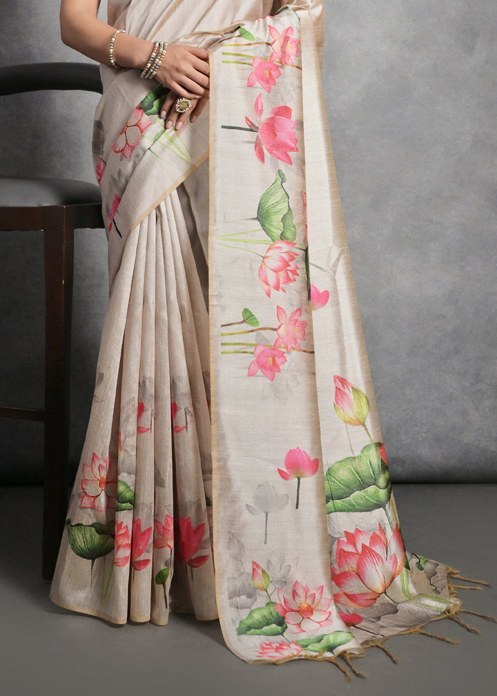 Cream White Floral Printed Soft Tussar Silk Saree : Top Pick