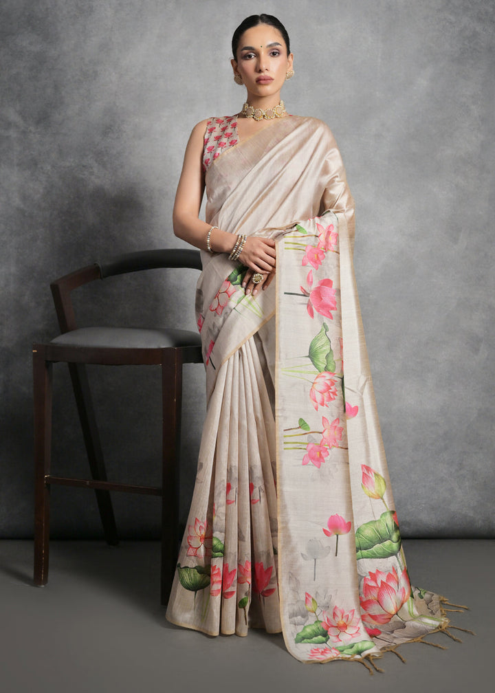 Cream White Floral Printed Soft Tussar Silk Saree : Top Pick
