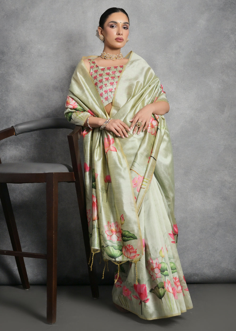 Pastel Green Floral Printed Soft Tussar Silk Saree : Top Pick