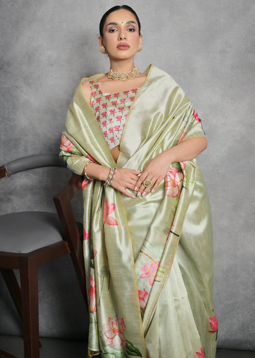 Pastel Green Floral Printed Soft Tussar Silk Saree : Top Pick