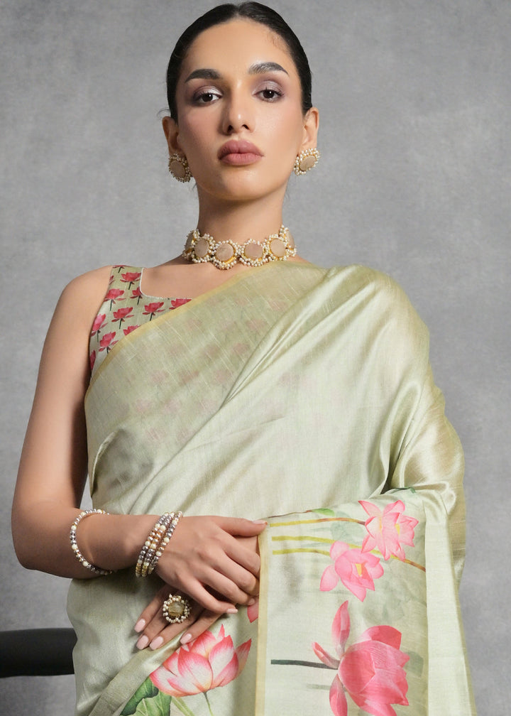 Pastel Green Floral Printed Soft Tussar Silk Saree : Top Pick