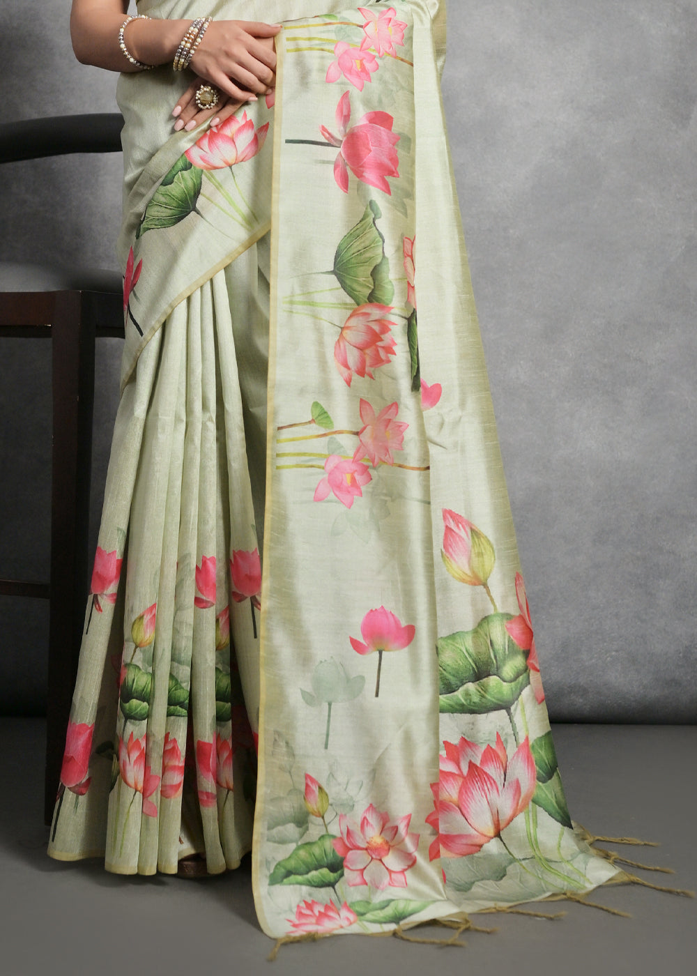 Pastel Green Floral Printed Soft Tussar Silk Saree : Top Pick