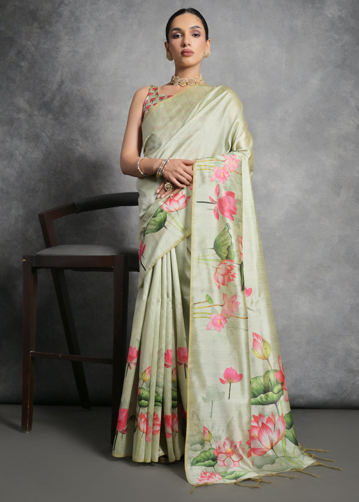 Pastel Green Floral Printed Soft Tussar Silk Saree : Top Pick