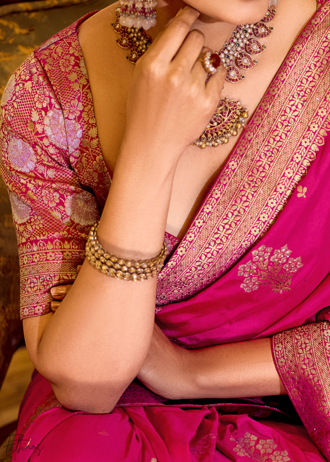 Fuchsia Pink Zari Crepe Silk Saree
