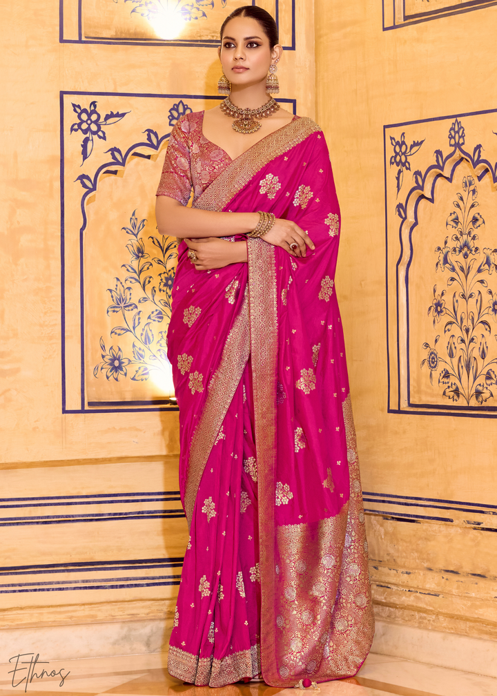 Fuchsia Pink Zari Crepe Silk Saree