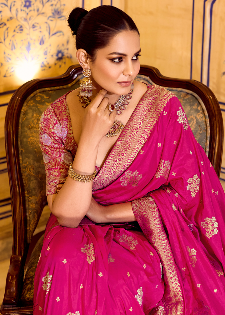 Fuchsia Pink Zari Crepe Silk Saree