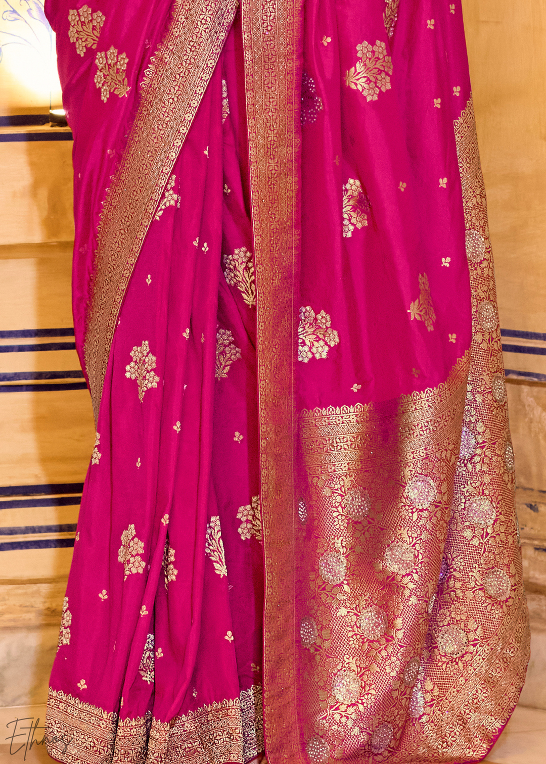 Fuchsia Pink Zari Crepe Silk Saree