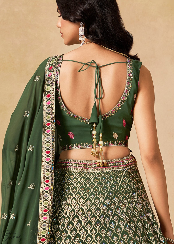 Green Sequins Embroidered Georgette Lehenga