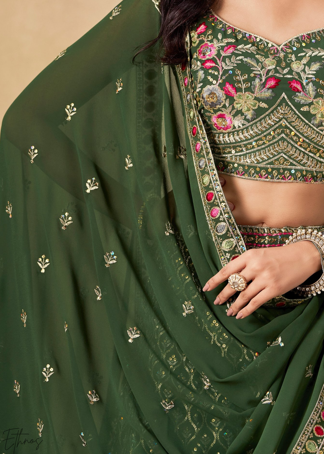 Green Sequins Embroidered Georgette Lehenga