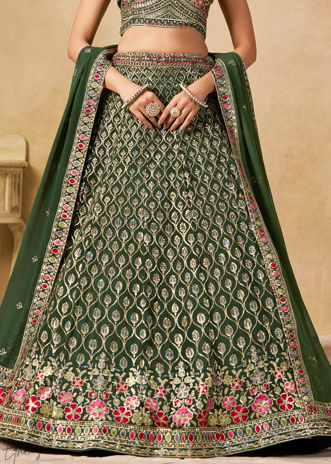 Green Sequins Embroidered Georgette Lehenga
