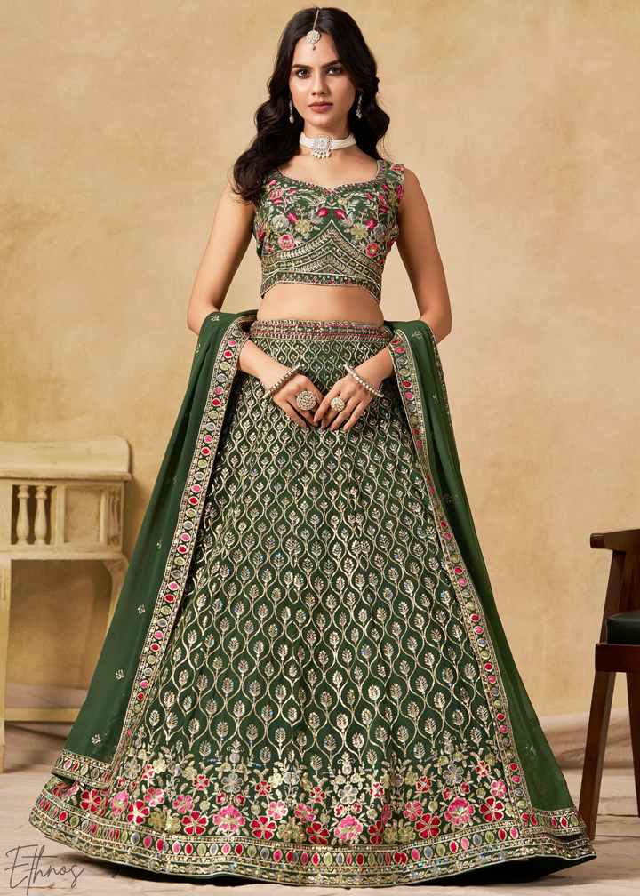 Green Sequins Embroidered Georgette Lehenga