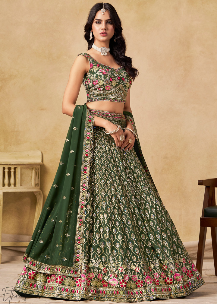 Green Sequins Embroidered Georgette Lehenga