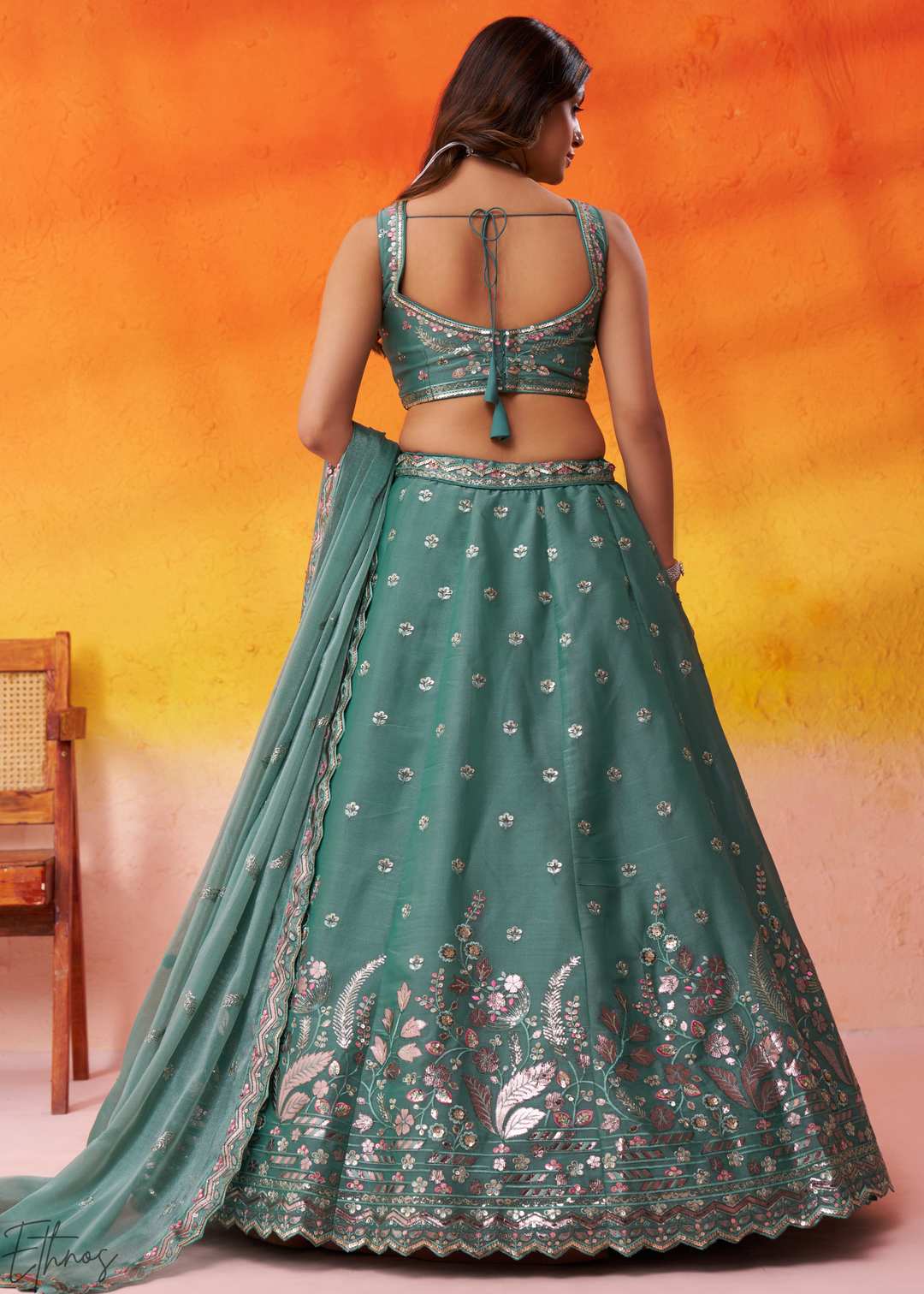 Sage Green Sequins Organza Lehenga