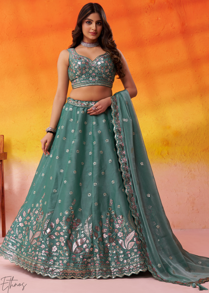 Sage Green Sequins Organza Lehenga