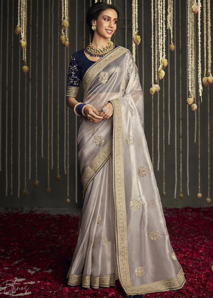 Grey Metallic Embroidered Organza Silk Saree