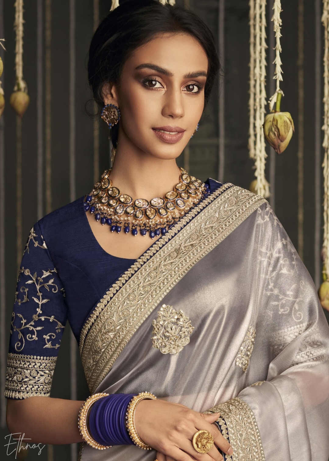 Grey Metallic Embroidered Organza Silk Saree