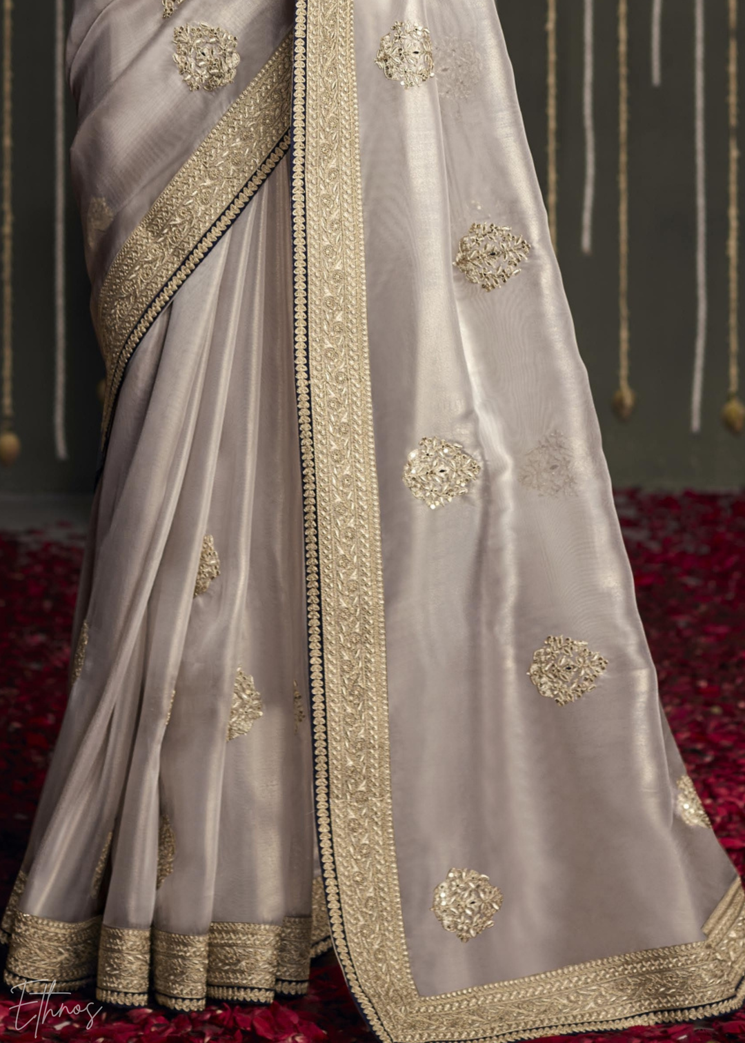 Grey Metallic Embroidered Organza Silk Saree