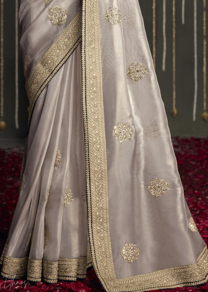 Grey Metallic Embroidered Organza Silk Saree