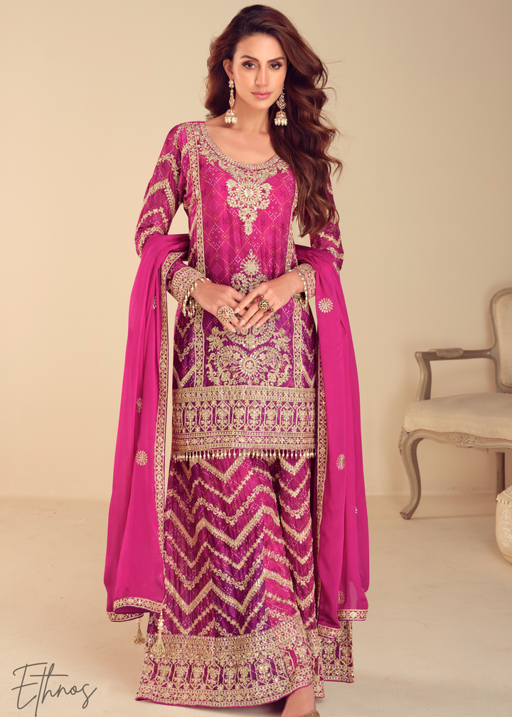 Hot Pink Chinon Palazzo Salwar Suit