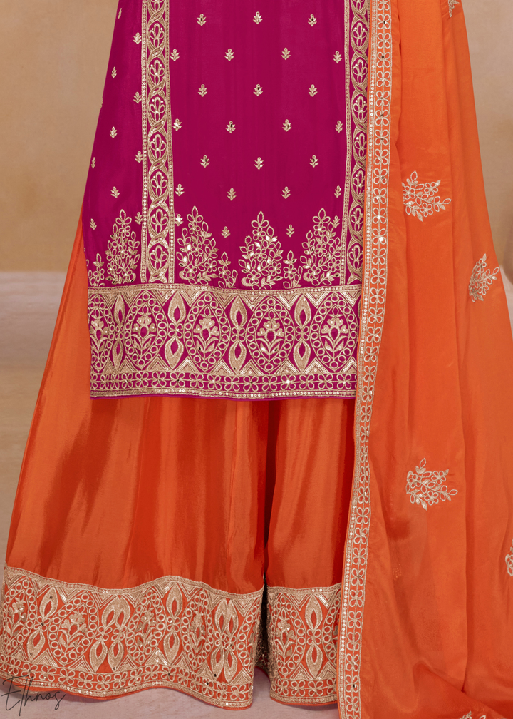 Hot Pink & Orange Chinon Plazzo  Salwar Suit