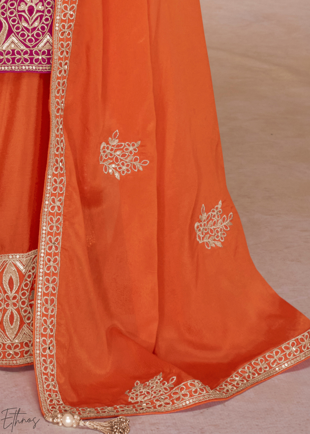 Hot Pink & Orange Chinon Plazzo  Salwar Suit