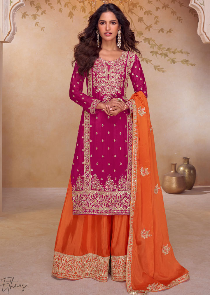 Hot Pink & Orange Chinon Plazzo  Salwar Suit