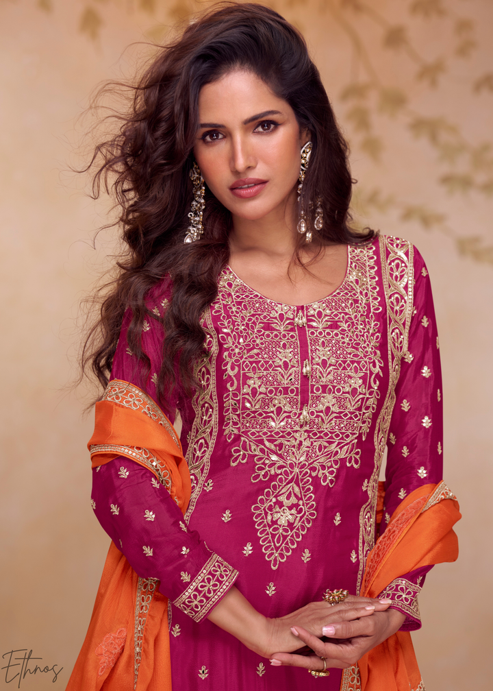 Hot Pink & Orange Chinon Plazzo  Salwar Suit