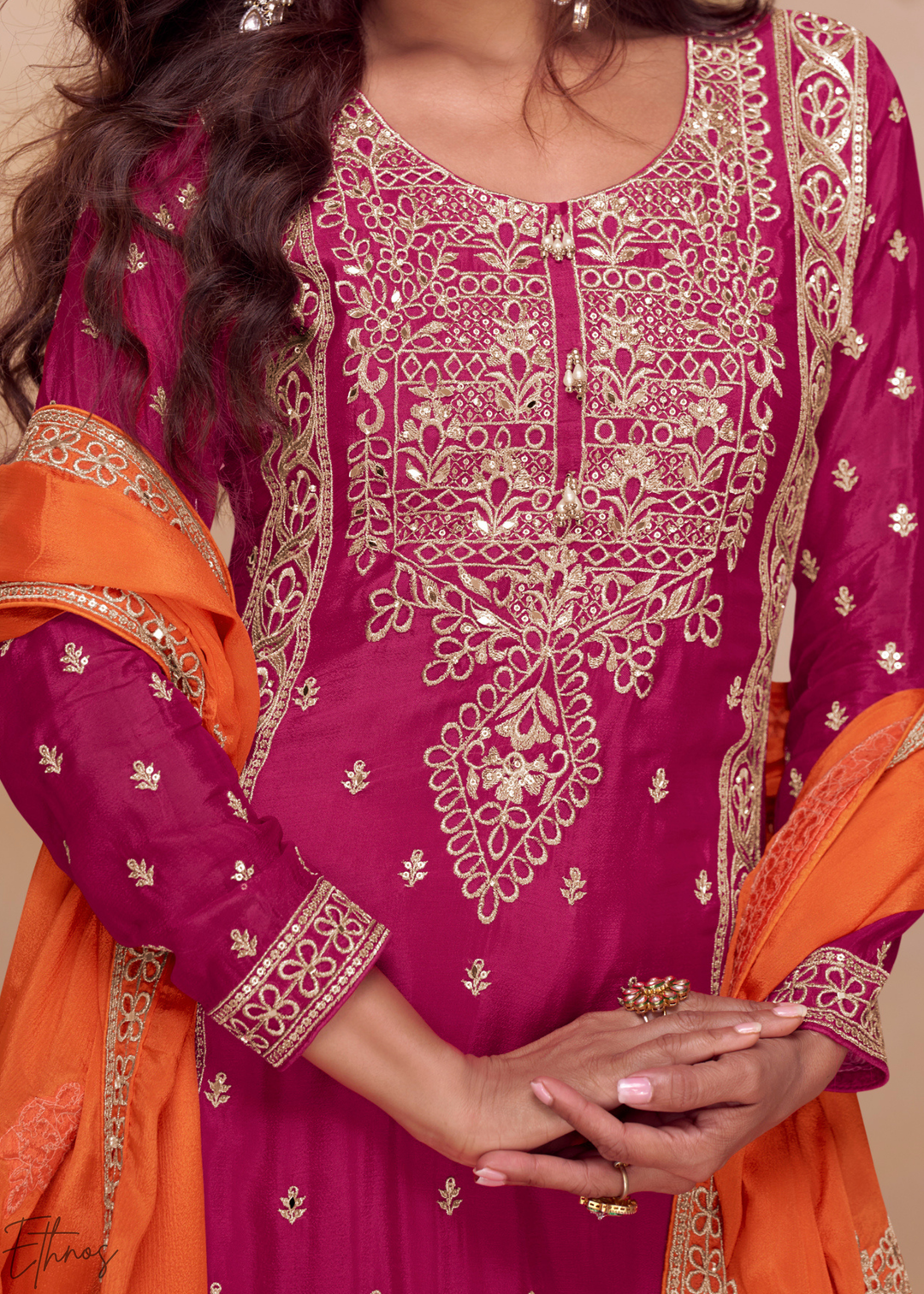 Hot Pink & Orange Chinon Plazzo  Salwar Suit