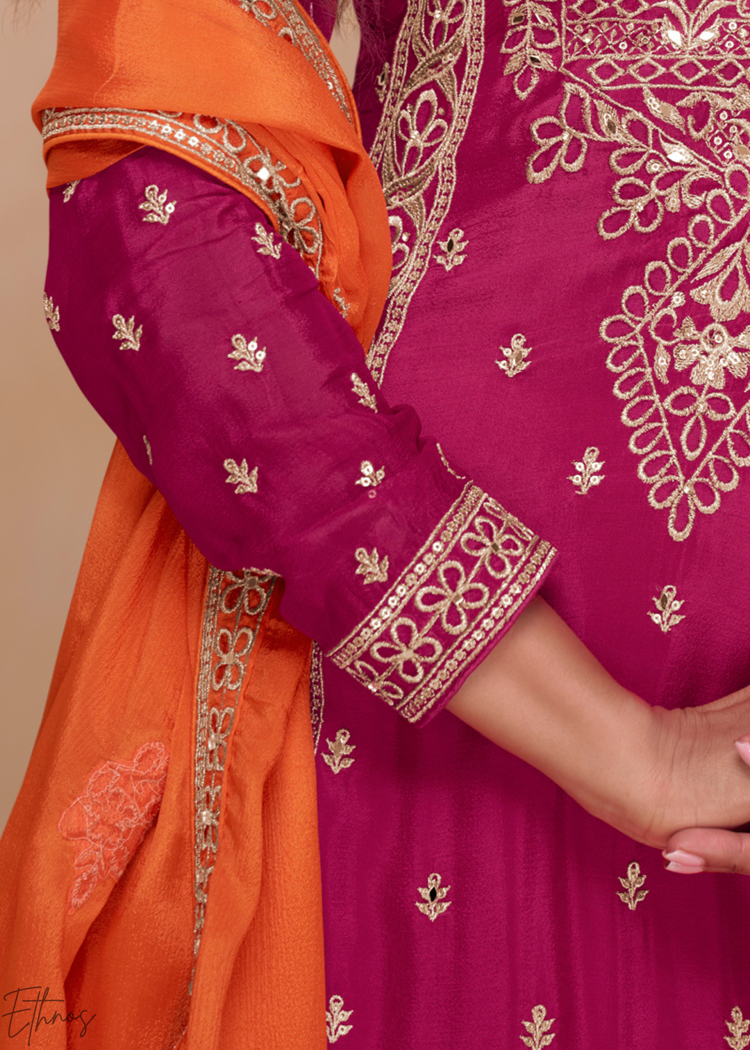 Hot Pink & Orange Chinon Plazzo  Salwar Suit