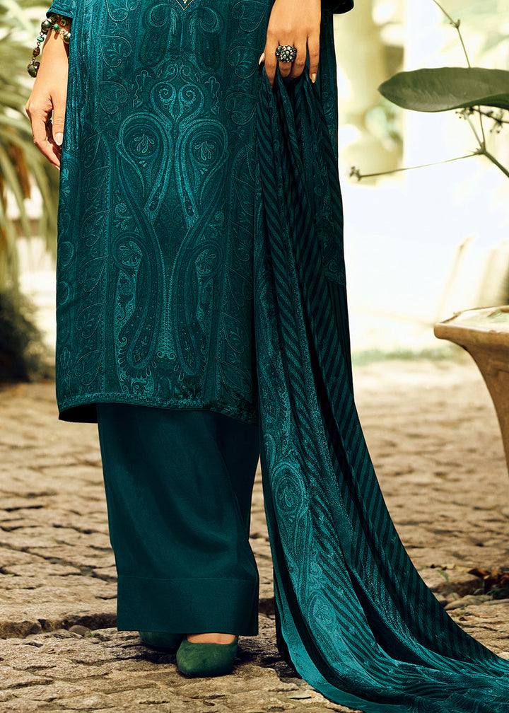 Prussian Blue Digital Printed Pashmina Silk Salwar Suit With Hand Work Embroidery