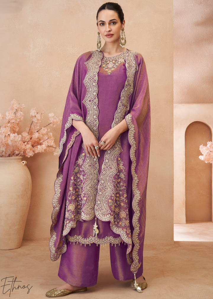Lavender Purple Simar Silk Kaftaan Plazzo Suit