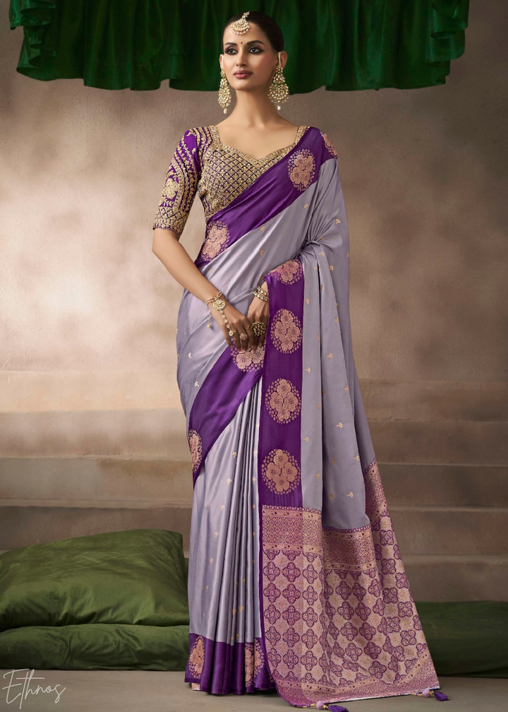 Lavender Purple Satin Silk Saree
