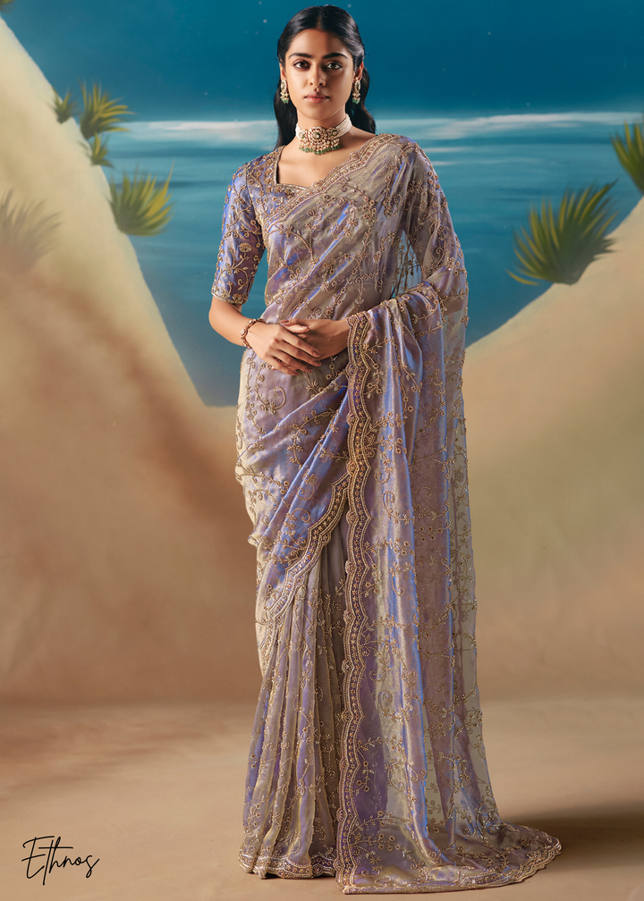 Lilac Sequins Organza Saree
