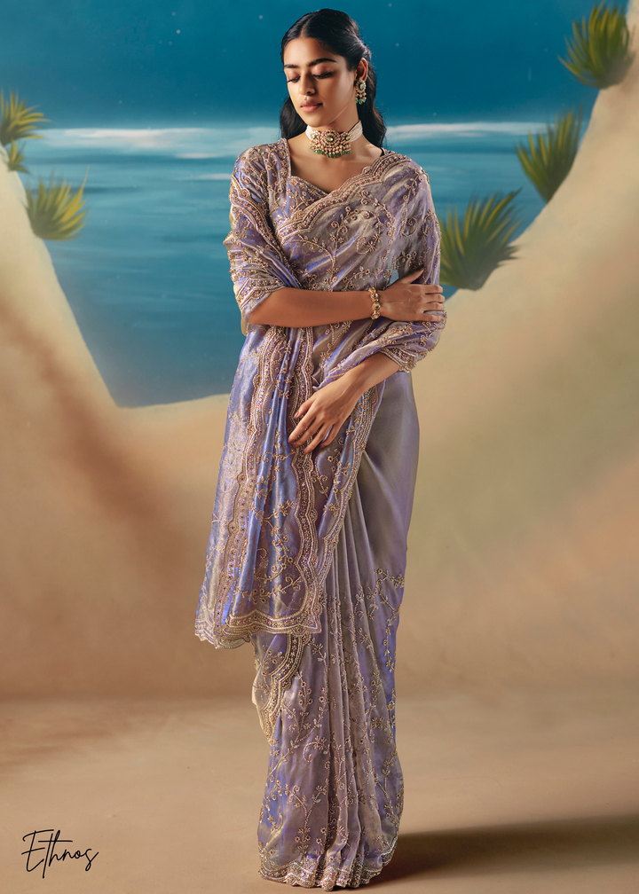 Lilac Sequins Organza Saree