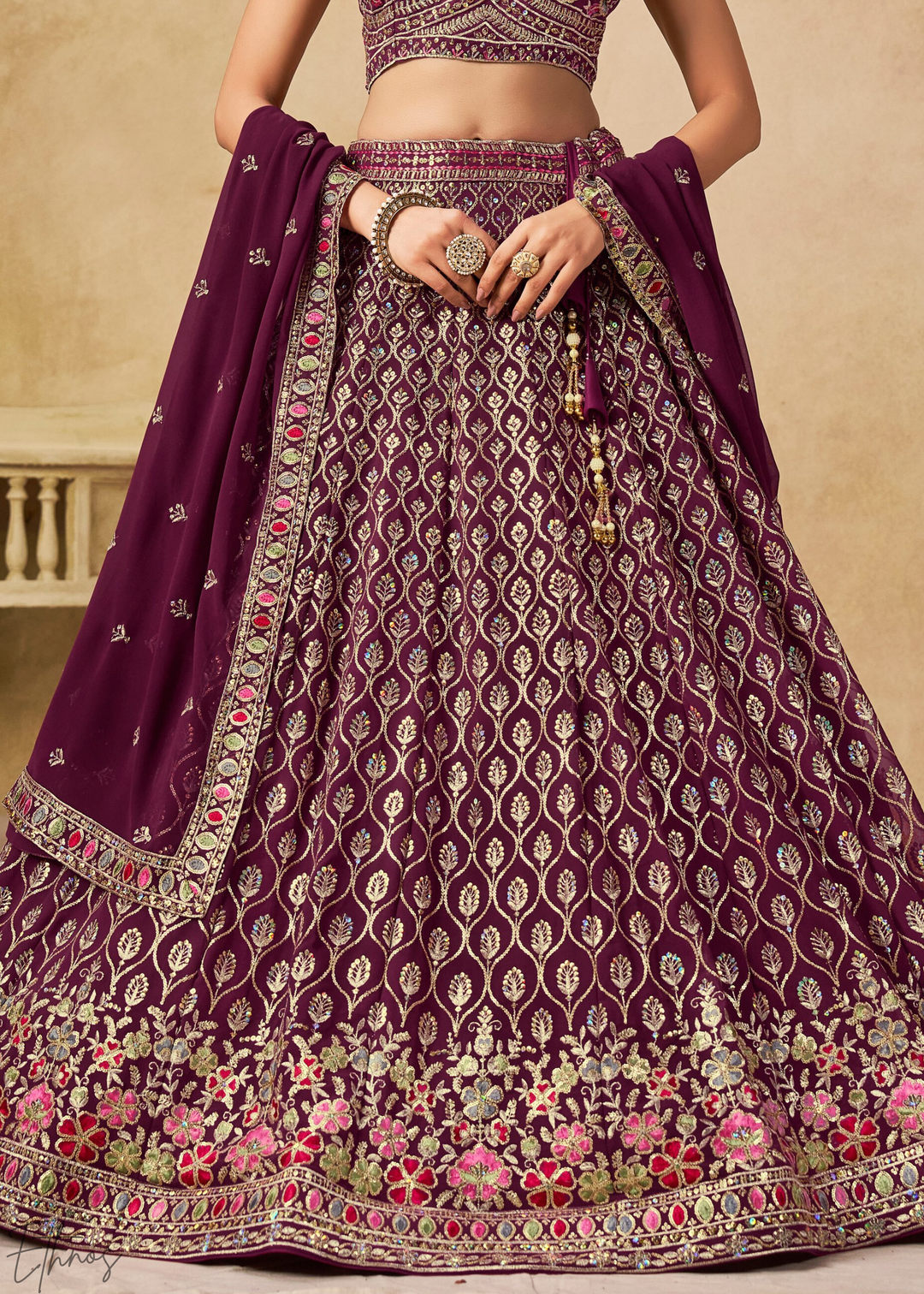 Maroon Sequins Embroidered Georgette Lehenga