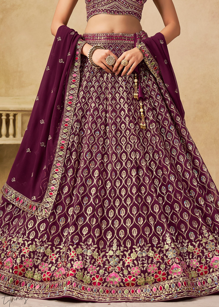 Maroon Sequins Embroidered Georgette Lehenga