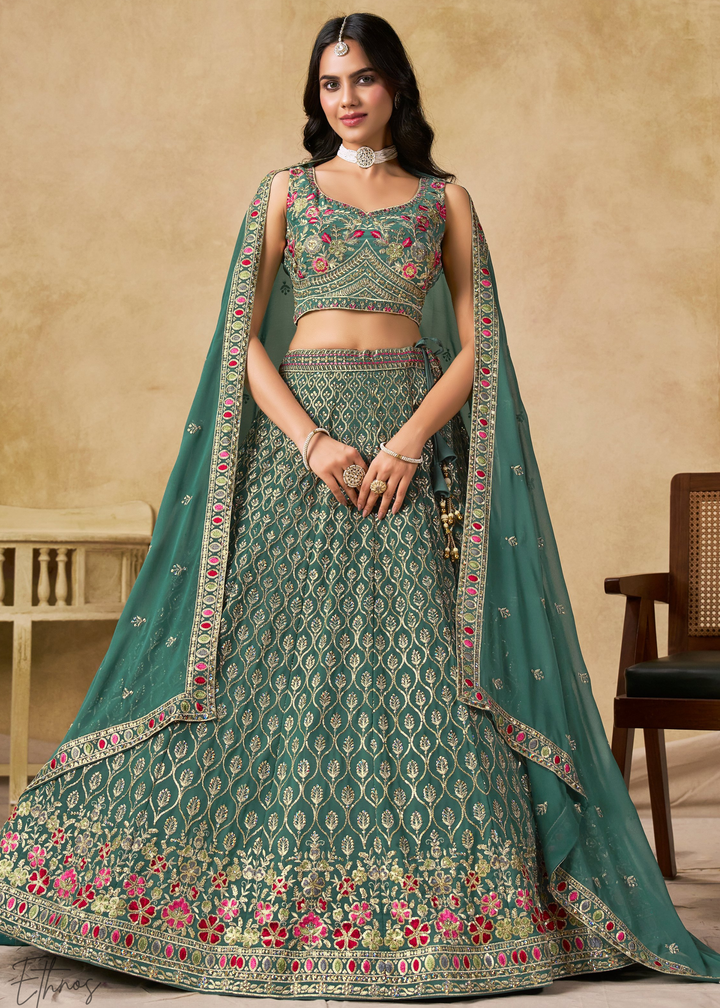 Teal Blue Sequins Embroidered Georgette Lehenga
