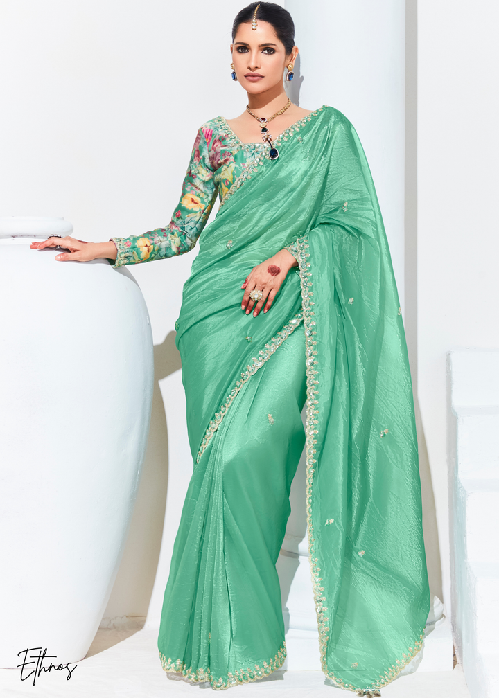 Mint Green Glass Tissue Organza Saree