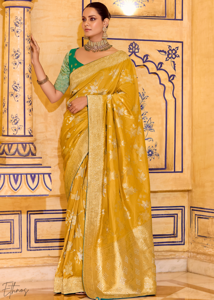 Mustard Yellow Zari Crepe Silk Saree