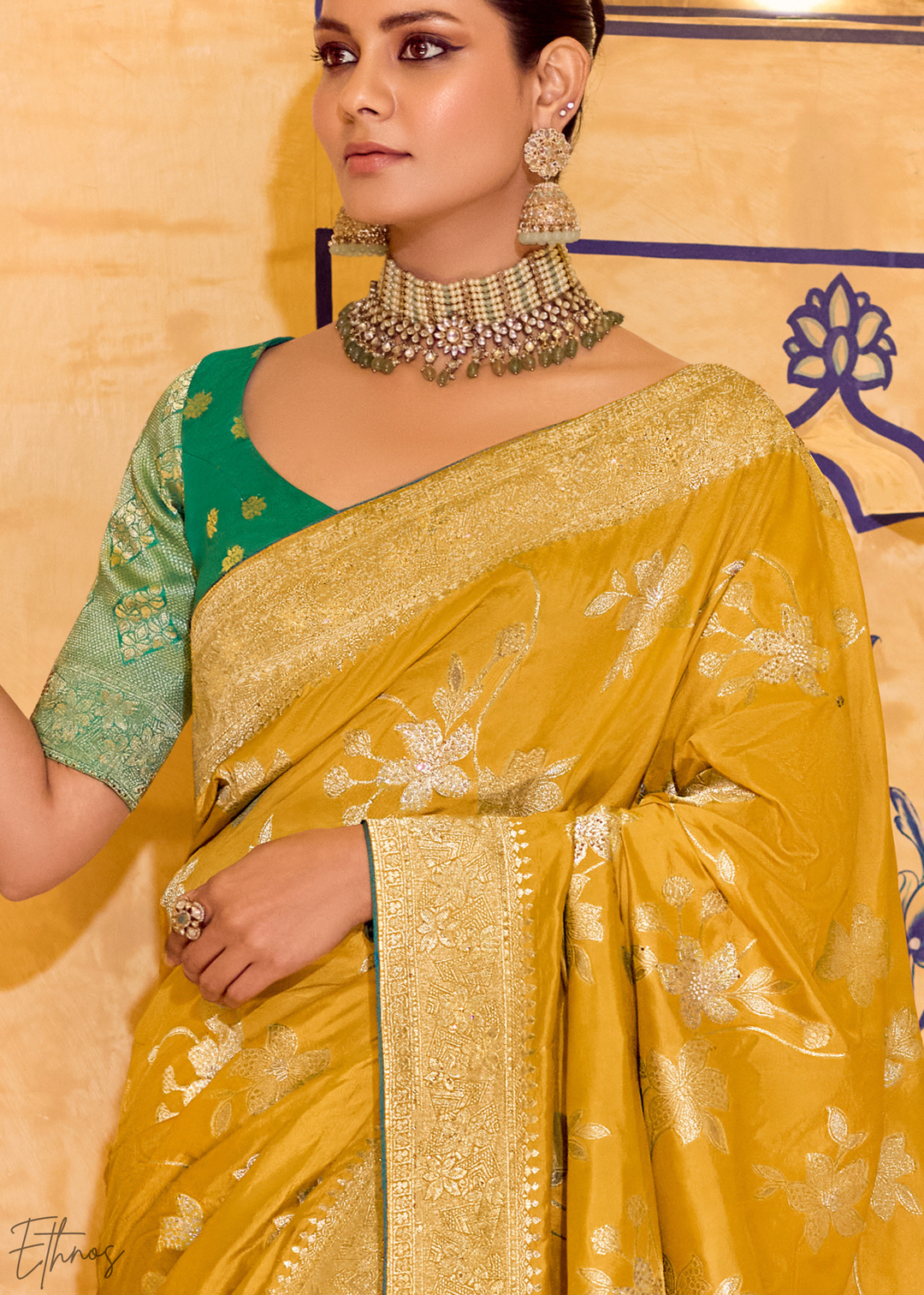 Mustard Yellow Zari Crepe Silk Saree