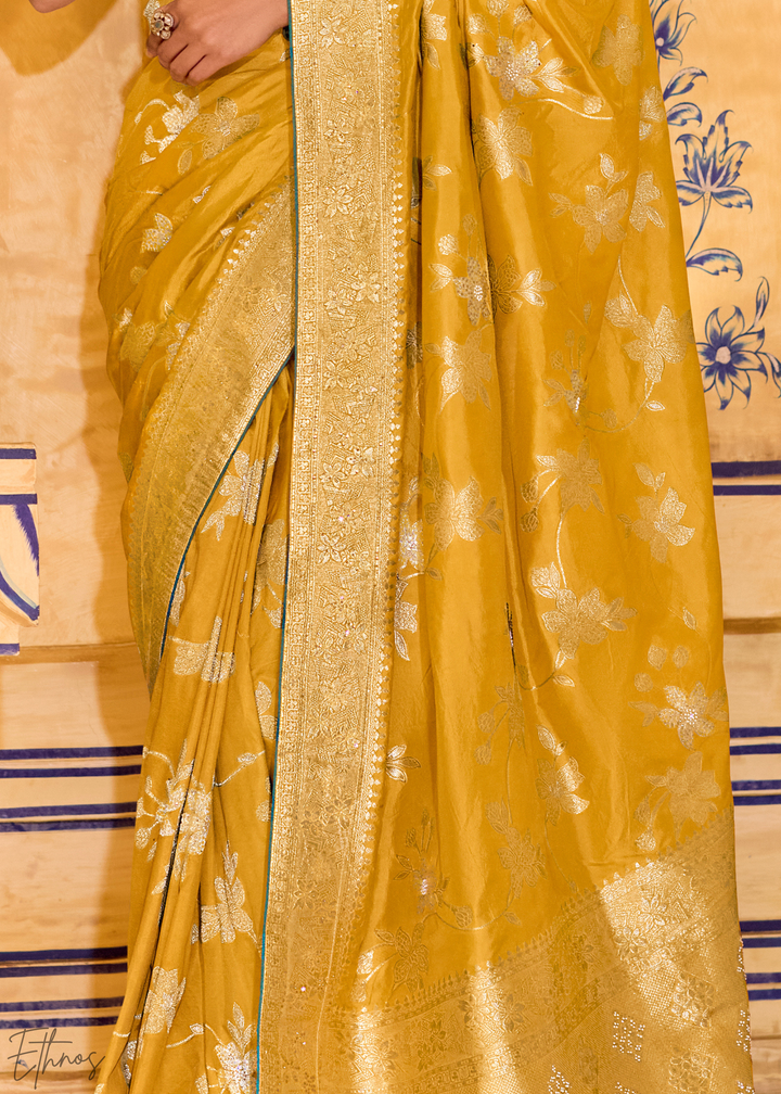 Mustard Yellow Zari Crepe Silk Saree