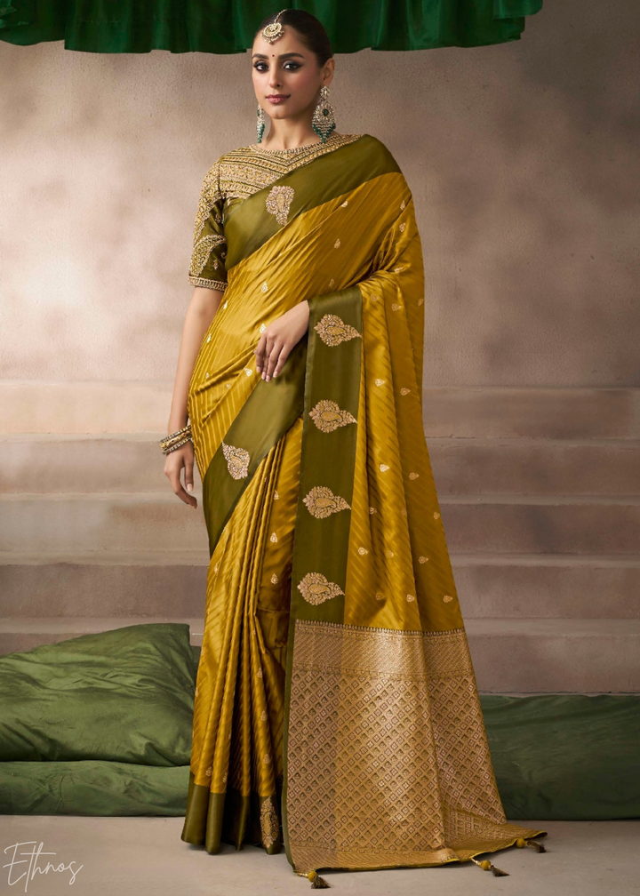 Mustard Yellow Satin Silk Saree