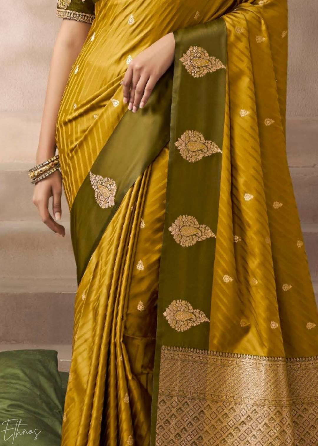 Mustard Yellow Satin Silk Saree