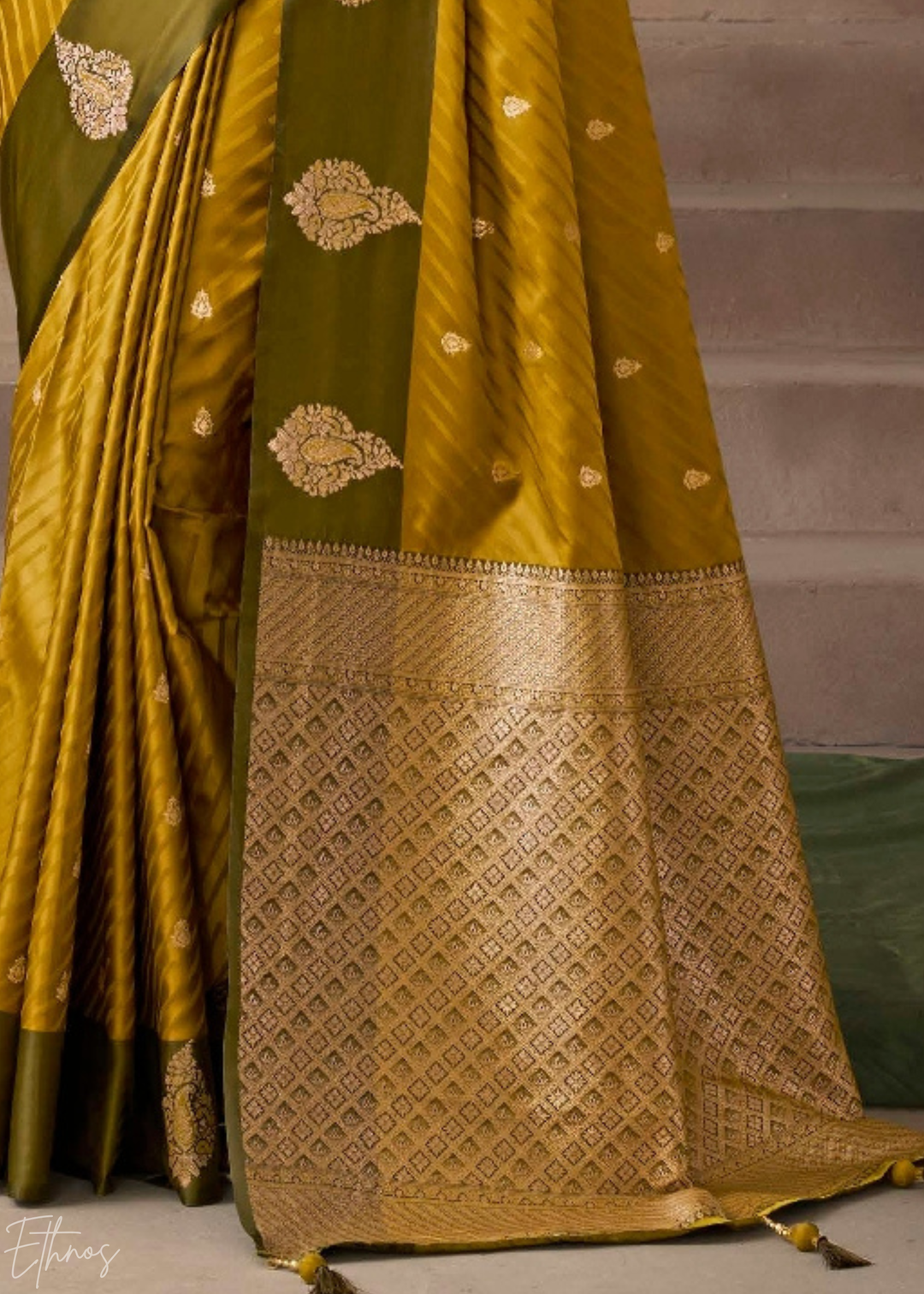 Mustard Yellow Satin Silk Saree