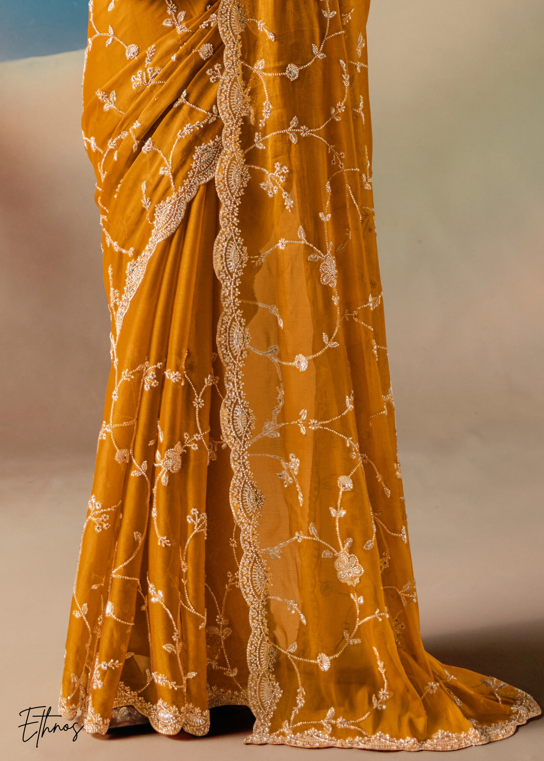 Mustard Sequins Organza Saree