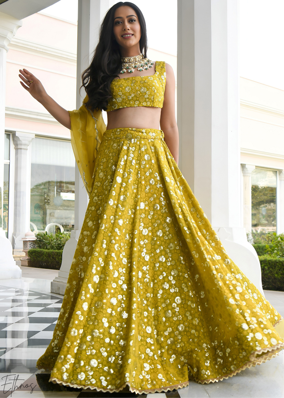 Mustard Olive Scatter-Foil Georgette Lehenga